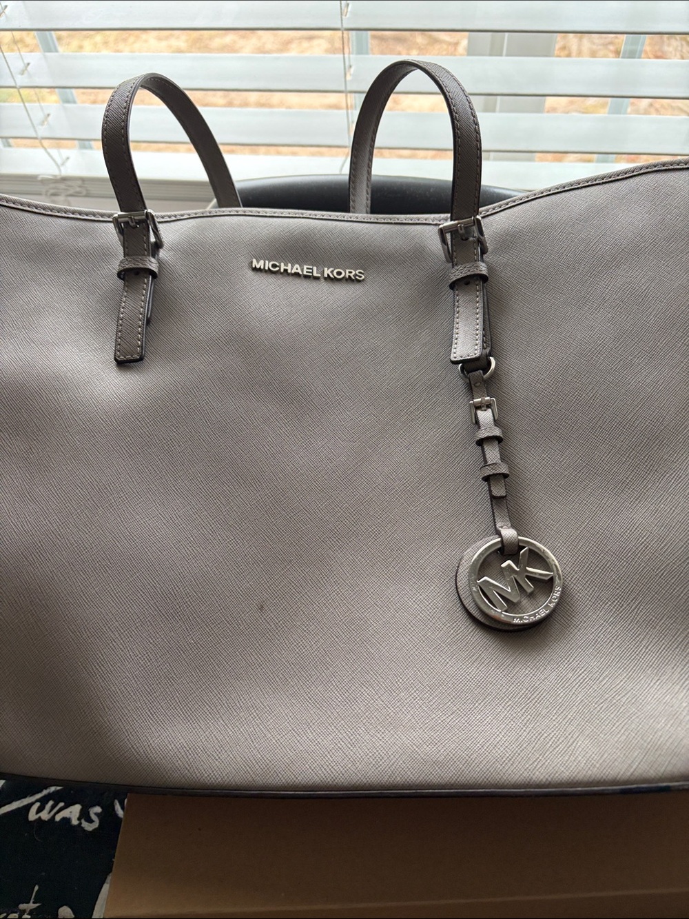 Michael Kors Gray Saffiano Tote with MK Logo Charm
